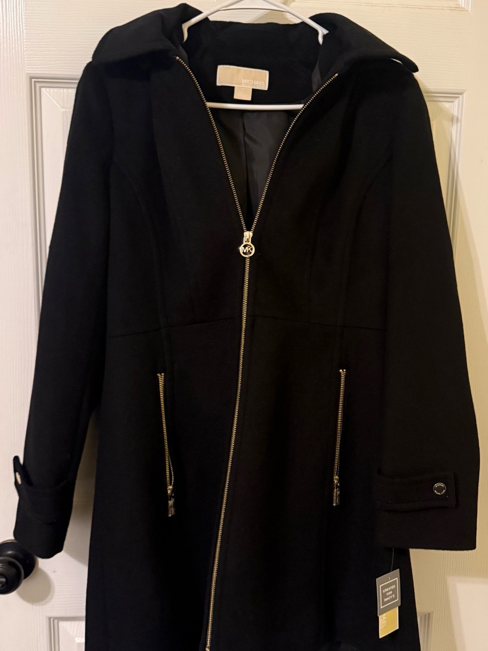 Michael Kors Black Zip-Front Fall/Winter Trench Coat with Gold Hardware Size S